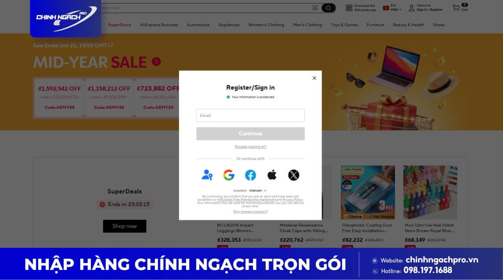 Bấm chọn Sign in tạo tài khoản Aliexpress