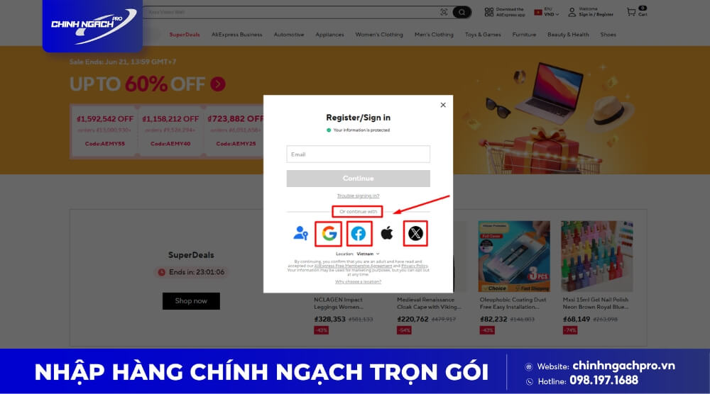 Đăng ký Aliexpress bằng tài khoản Facebook, Twitter, Google