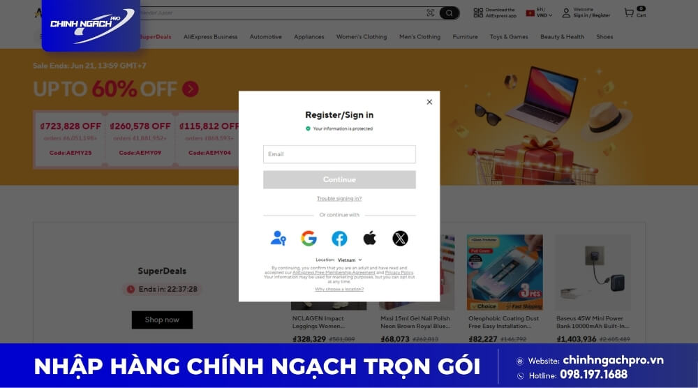 Đăng nhập vào Aliexpress mua hàng