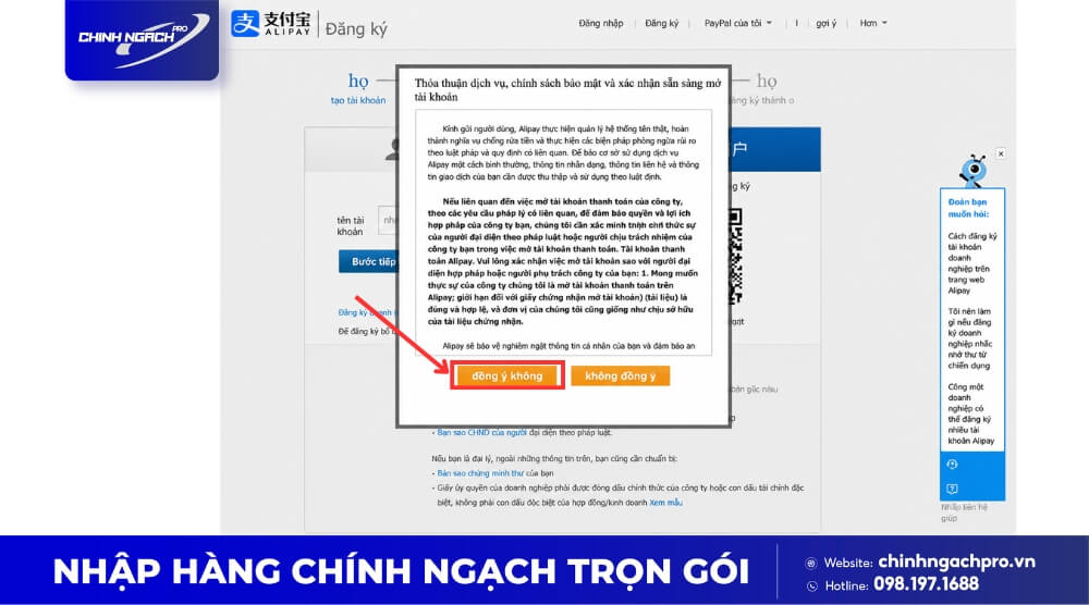 Bấm đồng ý điều khoản đăng ký Alipay
