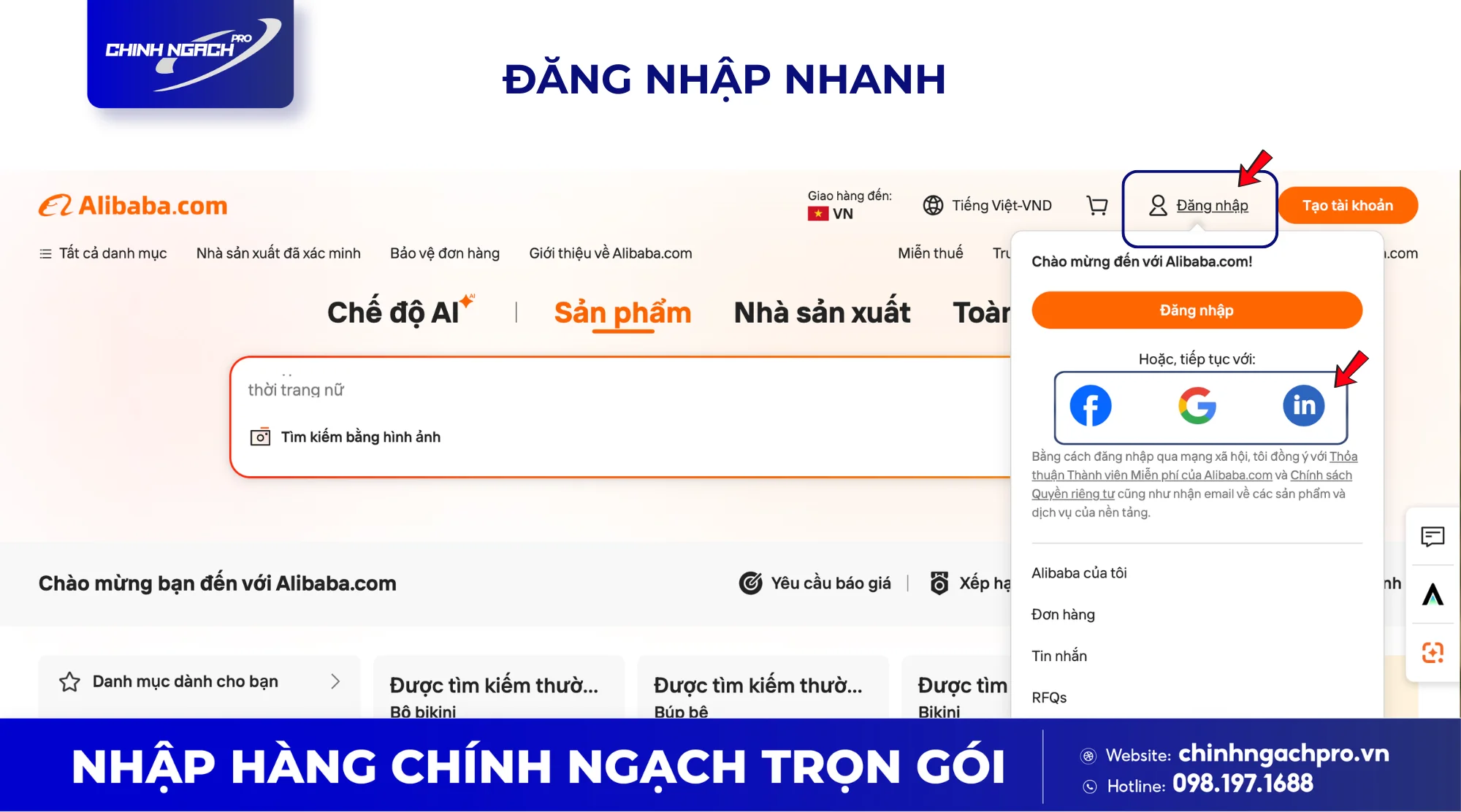 Đăng nhập nhanh Alibaba bằng cách liên kết Facebook, Google, Linkedin Đăng nhập nhanh Alibaba bằng cách liên kết Facebook, Google, Linkedin