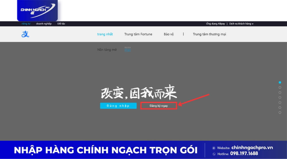 Chọn mục đăng ký tài khoản Alipay