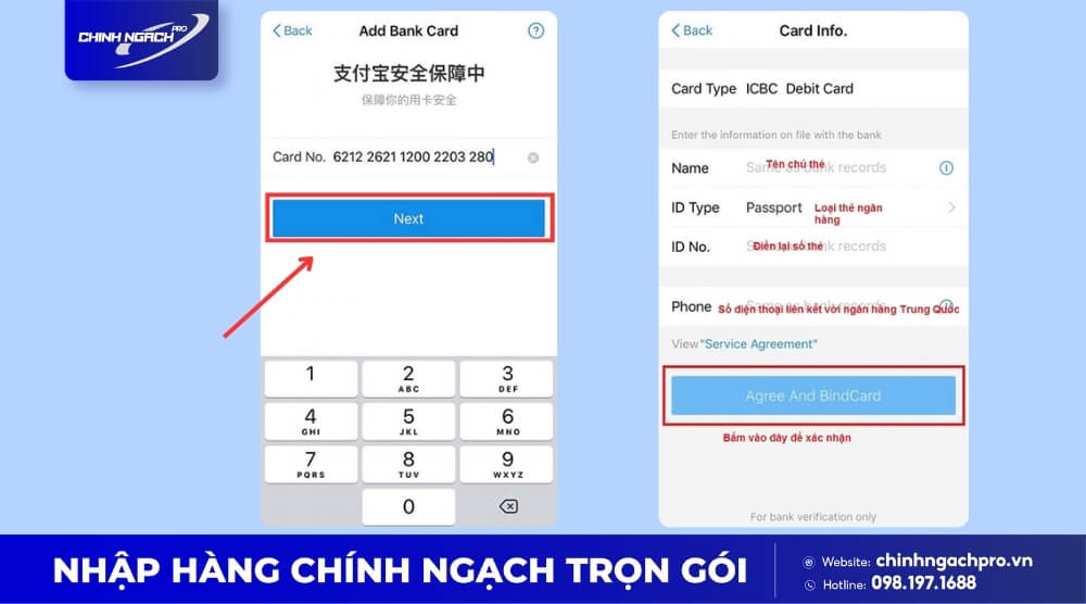 Điền thông tin ngân hàng liên kết Alipay