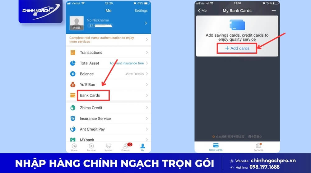 Liên kết tài khoản ngân hàng thanh toán Alipay