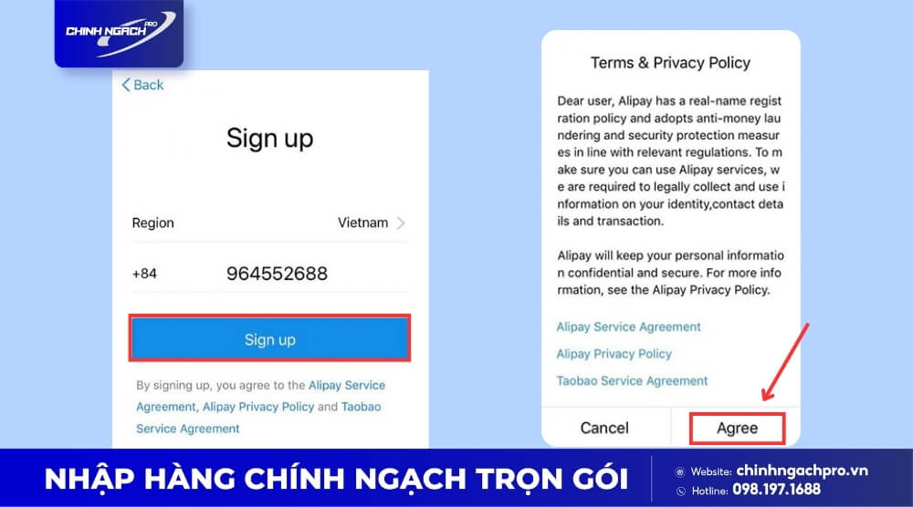 Nhập thông tin đăng ký Alipay trên điện thoại