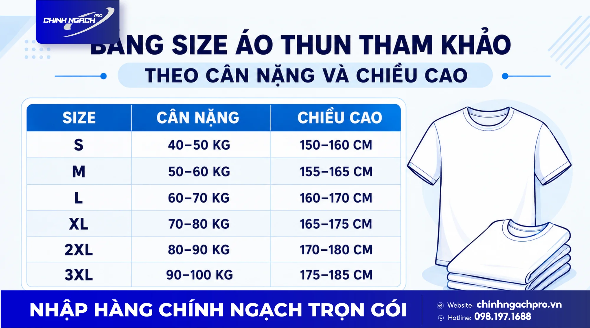 Bảng size áo thun tham khảo theo cân nặng và chiều cao