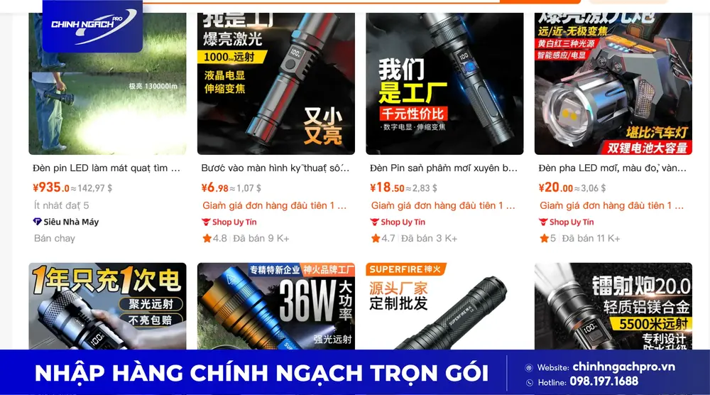 Nhập đèn pin Trung Quốc qua nền tảng 1688